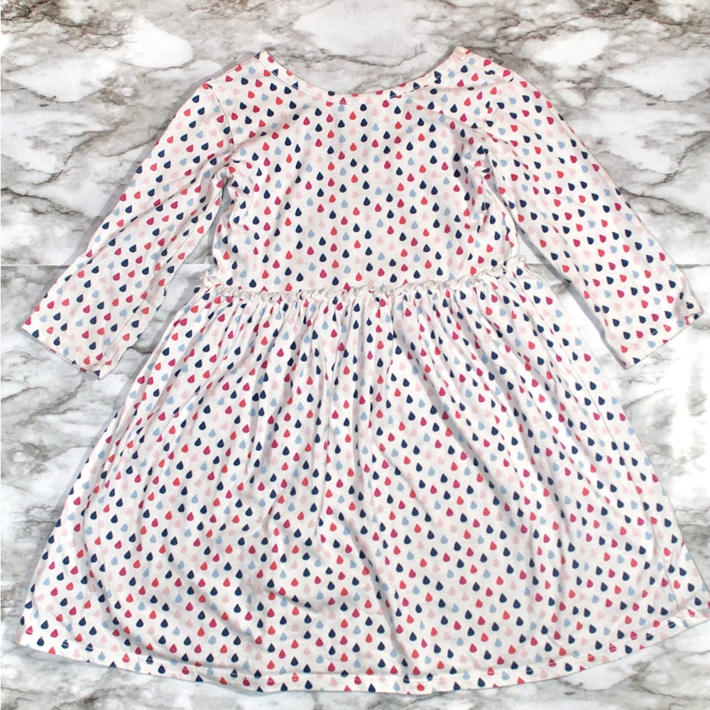 Girls' White Long Sleeve Dress with Pink & Blue Raindrop Print